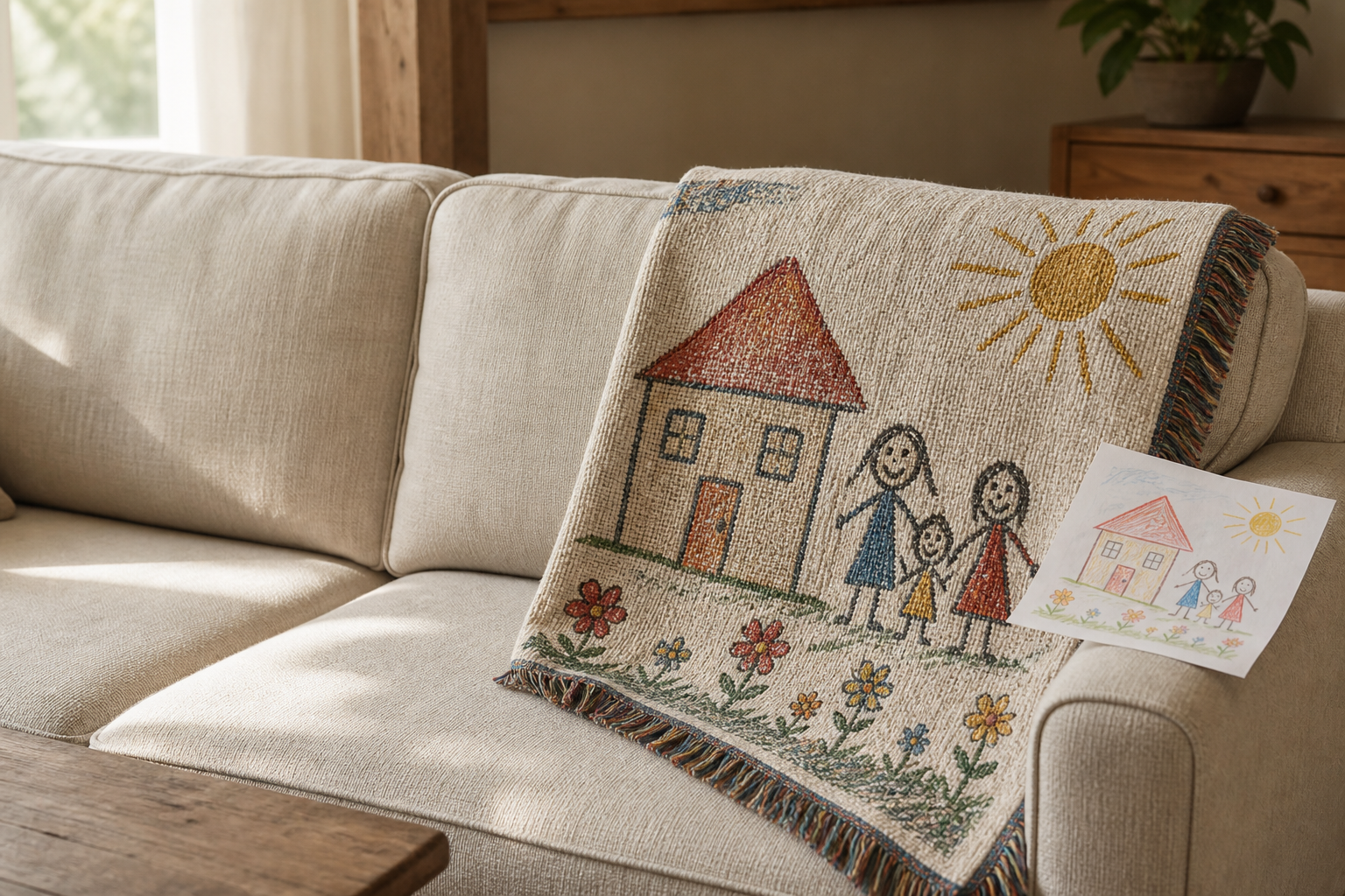 Concept render of a cotton woven blanket displaying a child's house and family drawing beside the source artwork
